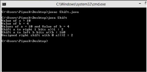 This image describes a output of sample program of shift operators in java.